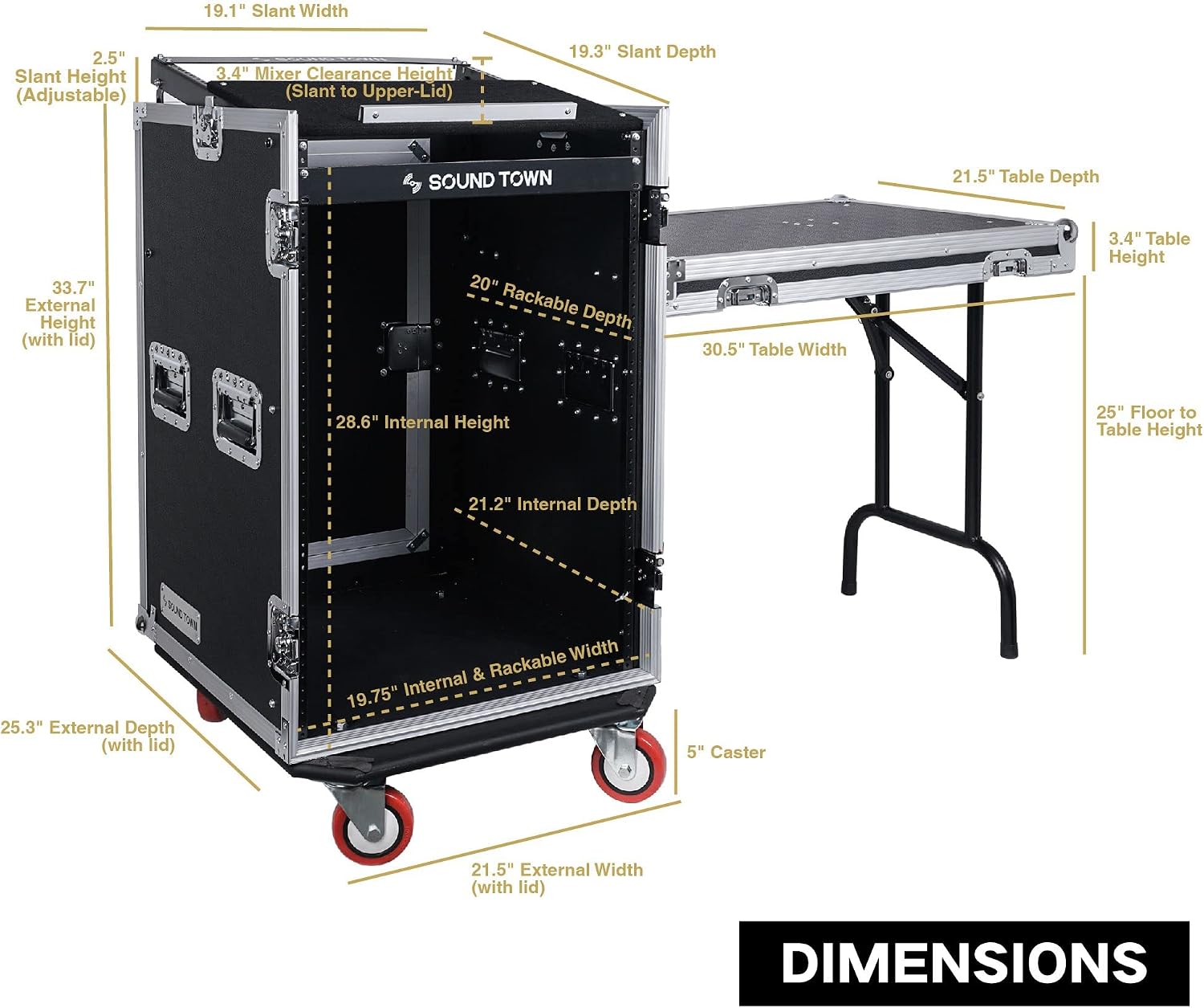 Sound Town PA DJ Combo with Heavy-Duty 1/2' (12mm) Plywood 16U Rack/Road ATA Case w/Slant Mixer Top, DJ Work Table, One 10 Outlet AC Power Conditioner/Sequencer (STMR-16TPS10)
