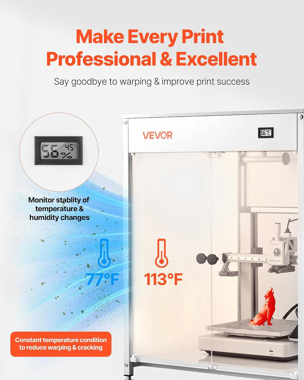 VEVOR 3D Printer Enclosure with Ventilation, Dustproof Waterproof Transparent Acrylic 3D Printer Tent, Constant Temperature Protective Case with LED, Compatible with Bambu Lab, Ender, Neptune, Kobra