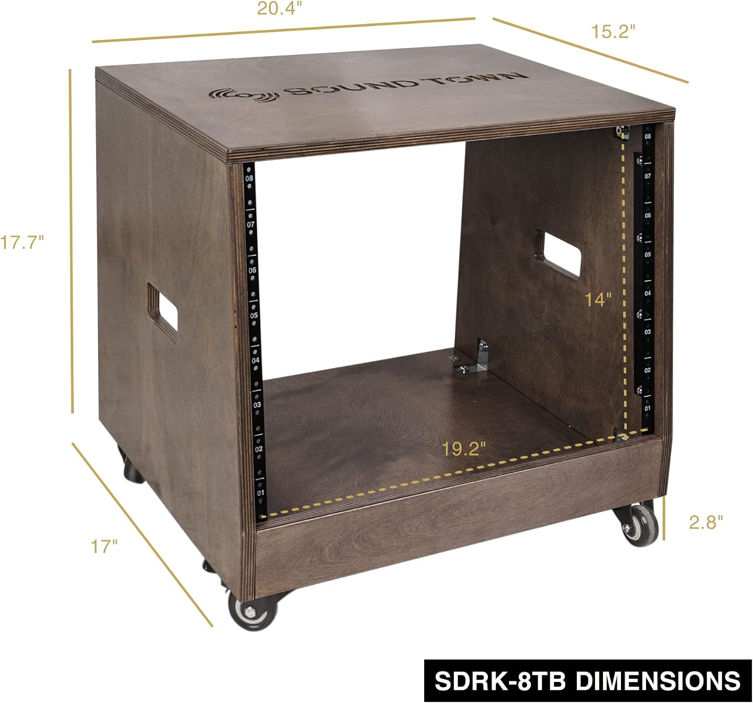 Sound Town DIY Solid Baltic Birch Plywood Slanted 8U Studio Rack, Weathered Brown, Rubber Feet, Casters (SDRK-8TB)