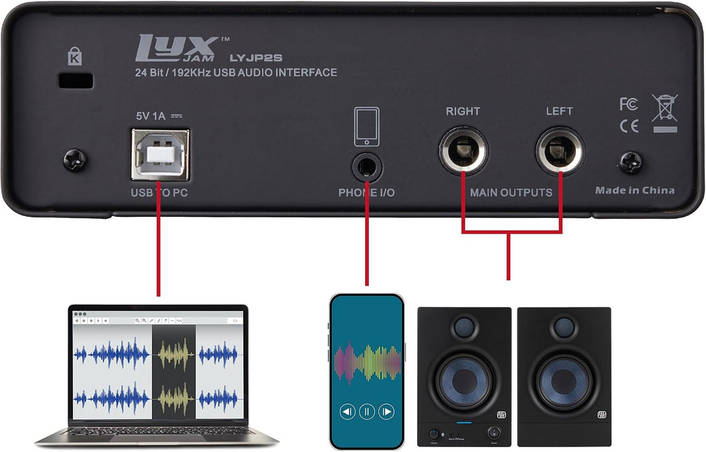 LyxJam 2x2 USB Audio Interface Bundle with ASIO, White PreSonus Eris 3.5 Studio Monitors, Bluetooth MIDI Pad Controller, Condenser Mic, Headphones, Isolation Shield & Software