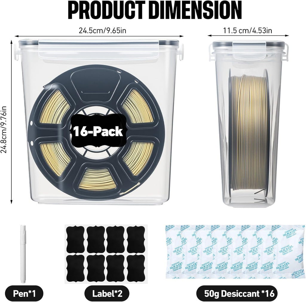 16 Pack 3D Printer Filament Storage Box - Portable Sealed Filament Container 4.0 L Water-Proof & Dust-Proof with Desiccant, Tag, Pen for Studio Office Workshop Home, Only Case Set