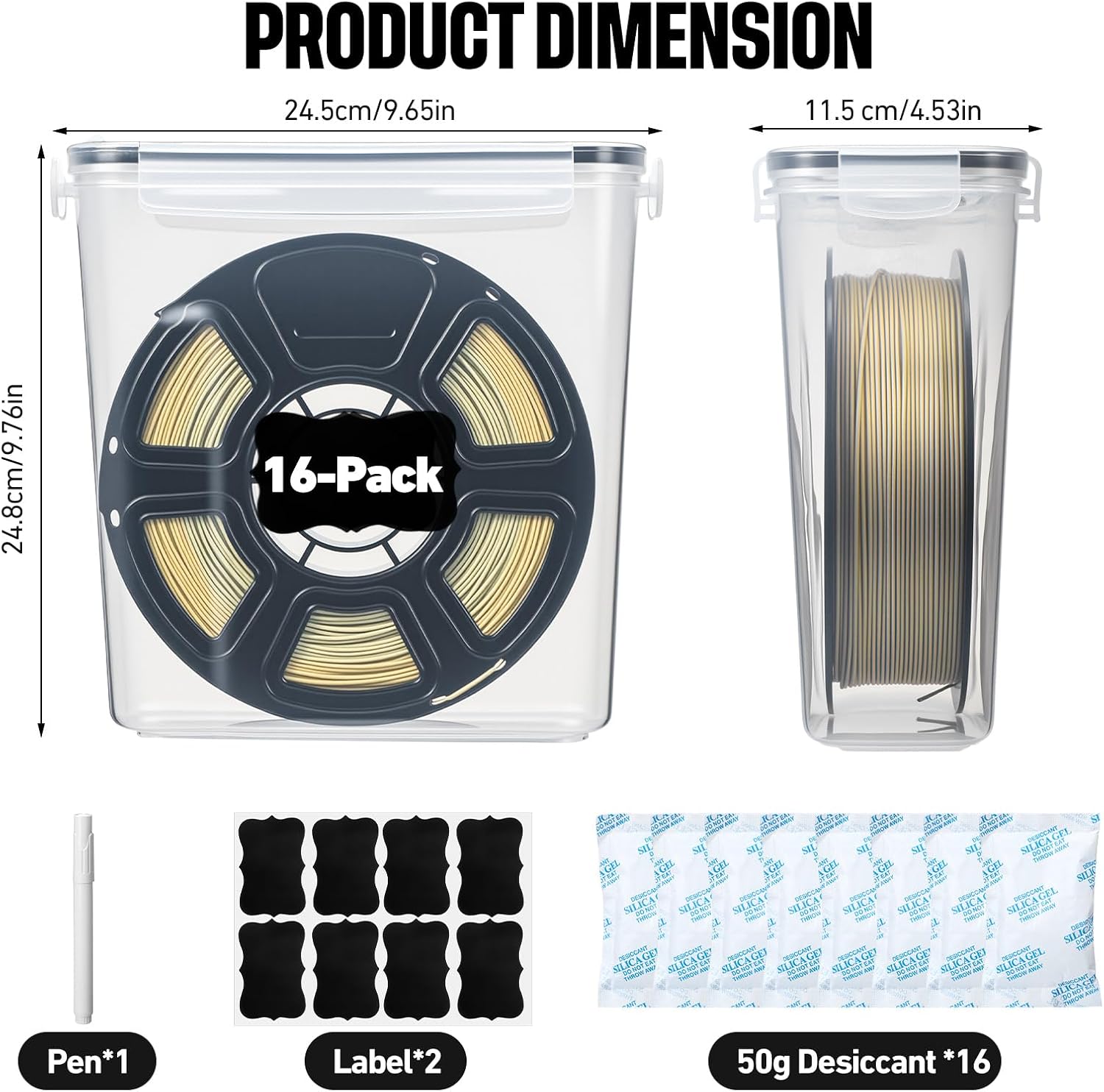 16 Pack 3D Printer Filament Storage Box - Portable Sealed Filament Container 4.0 L Water-Proof & Dust-Proof with Desiccant, Tag, Pen for Studio Office Workshop Home, Only Case Set