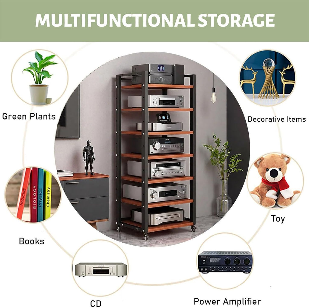 7-Tier Av Media Stand, Audio Rack with Adjustable Shelves, Stereo Racks and Stands with Wheels, Stereo Rack for Home, Office, Theater(A)