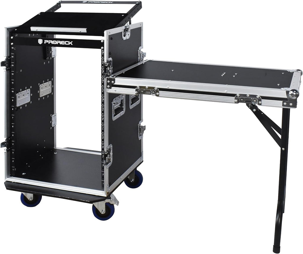 PRORECK 16U Rack/Road Case with Slant Mixer Top, One Side Table and Casters, 20'' Rackable Depth, Plywood, 16U Installation Size, Pro Stage Performance