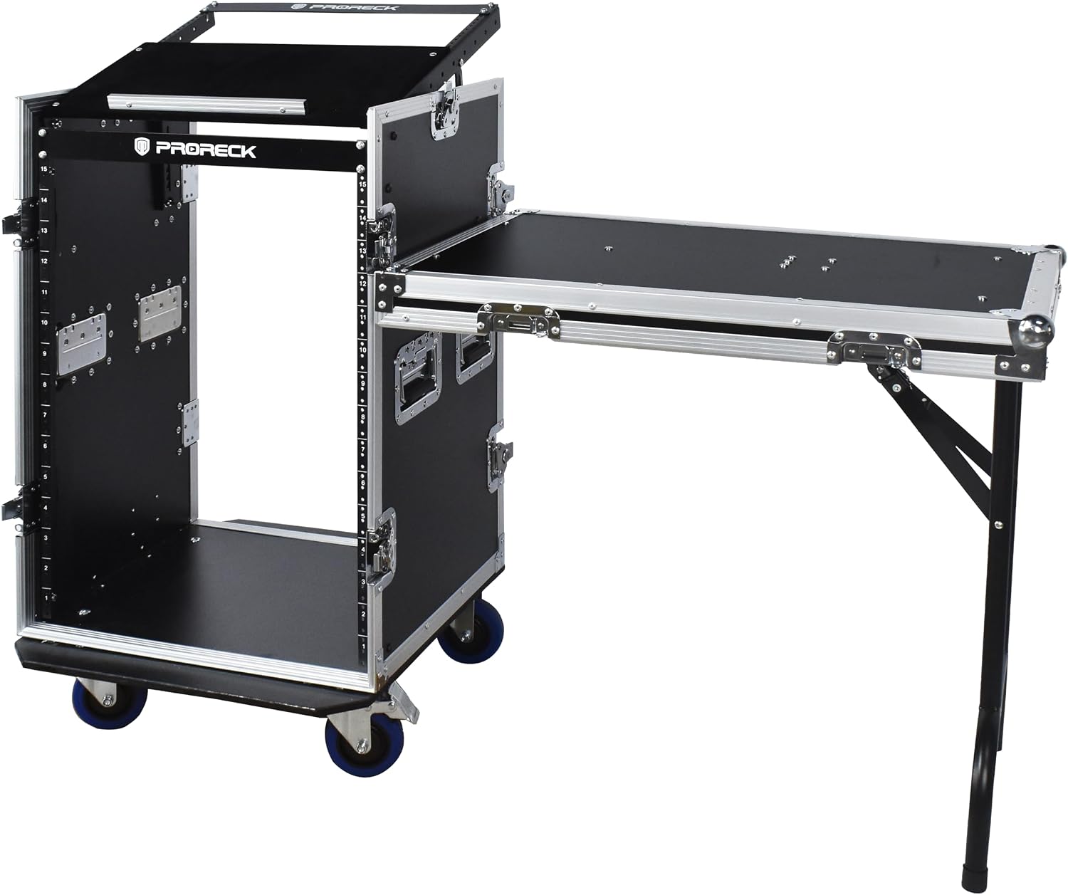 PRORECK 16U Rack/Road Case with Slant Mixer Top, One Side Table and Casters, 20'' Rackable Depth, Plywood, 16U Installation Size, Pro Stage Performance