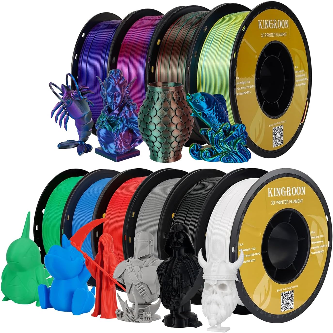Kingroon PLA 3D Printer Filament,10 Rolls, 10kg Spool(22lbs),Single and Triple Color1.75 mm,4 Triple Color Silk PLA+6 PLA