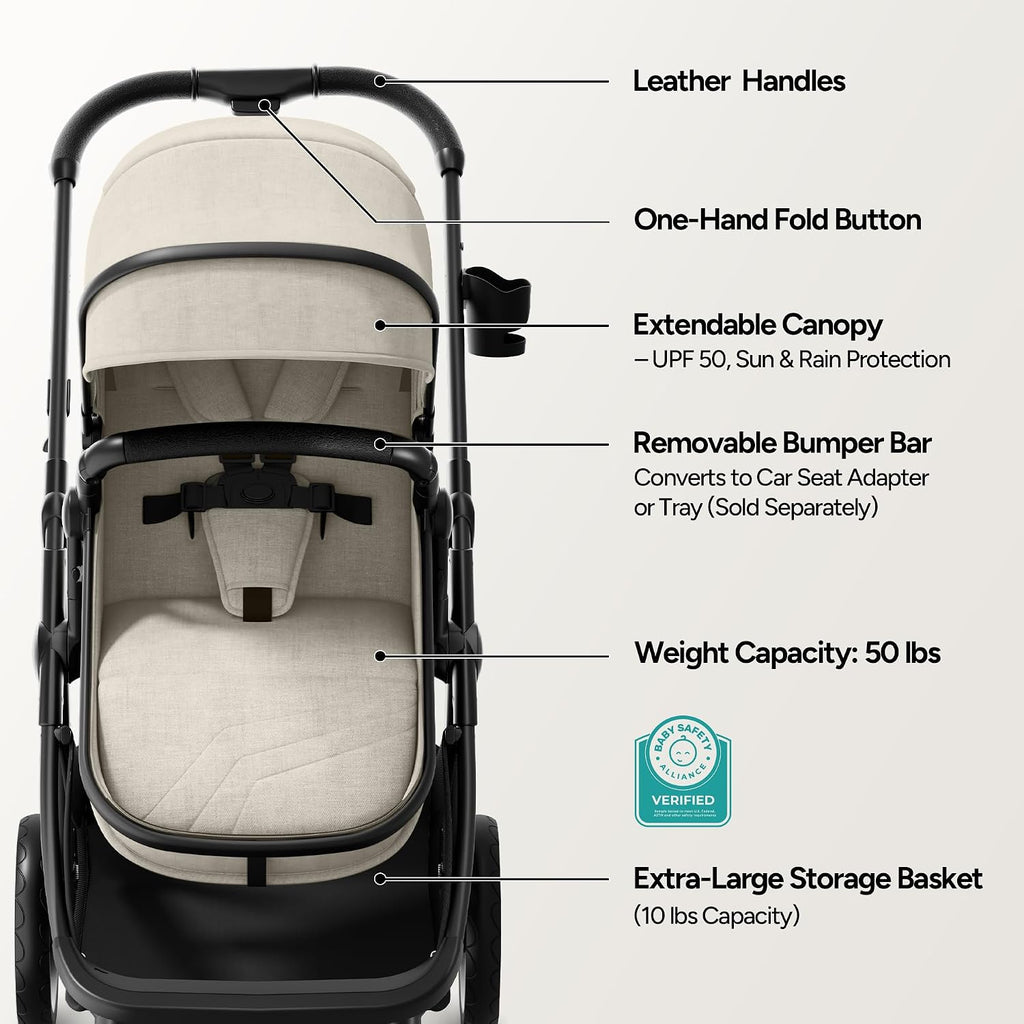 Mompush Wiz 2 in 1 Baby Stroller with Infant Pramette Mode, One Hand Fold Convertible Newborn to Toddler Stroller with Reversible Seat and Large UPF 50+ Canopy