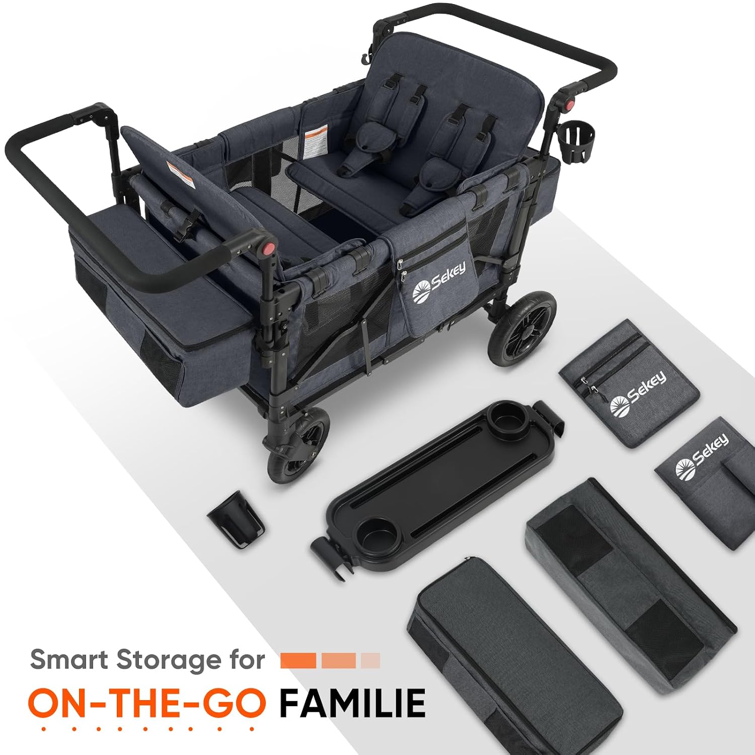 Sekey 4 Seater Stroller Wagon for Kids - Premium Quality with Convertible Seats, Adjustable Push Handles, Removable Canopy, Snack Tray & Cooler, US Certified.