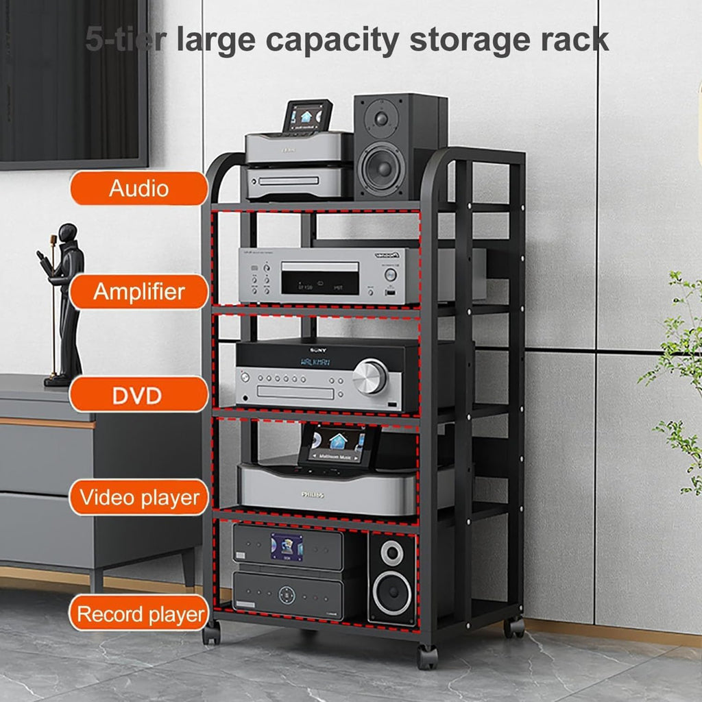 5-Tier AV Media Stand, Audio-Video Shelving Adjustable, Rolling AV Rack Electronics Equipment Shelf Stereo Cabinet for Living, Gaming, Recording Room (Black)