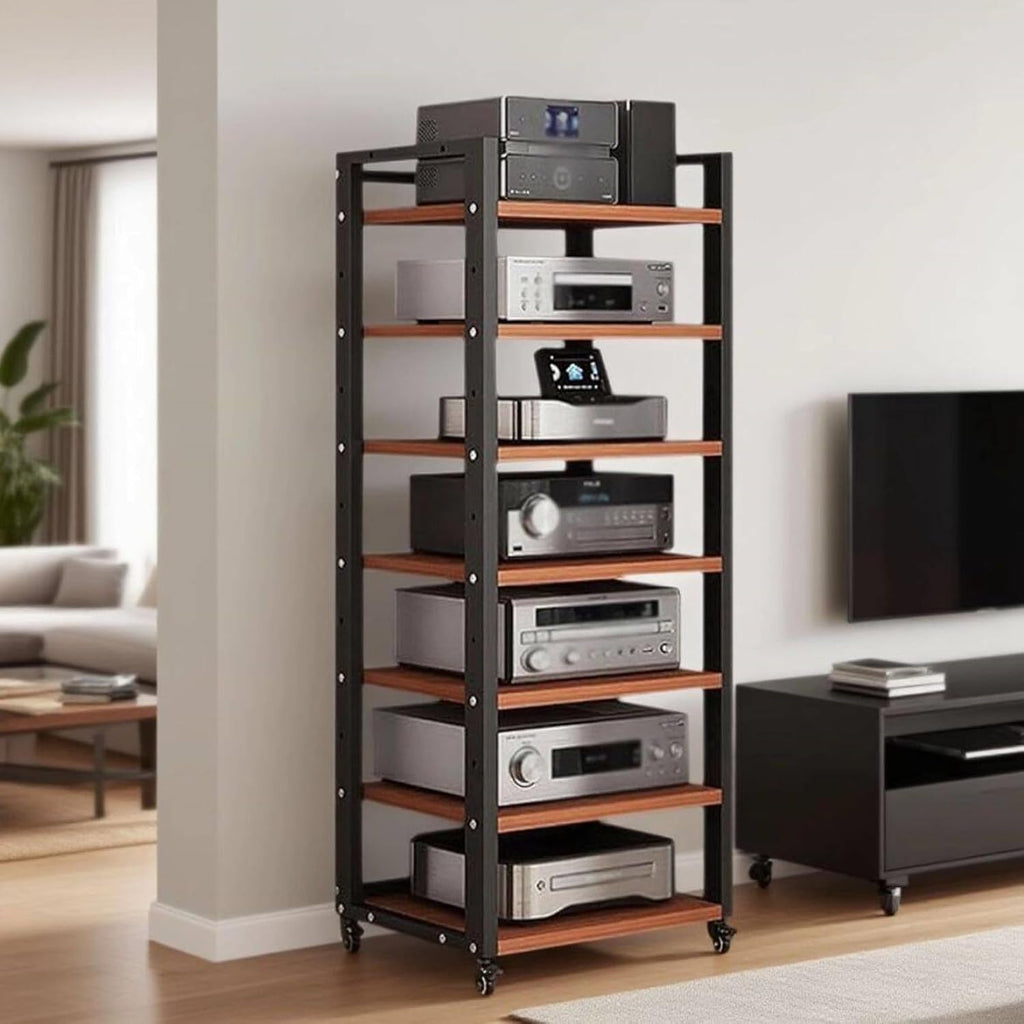 7 Tier Audio Rack Tower, CD Record Player Stereo Receiver AV Equipment Cabinet Display Rack, Weight Capacity 661 lbs, with Adjustable Wooden Shelves for Home (7 Tier Teakwood)