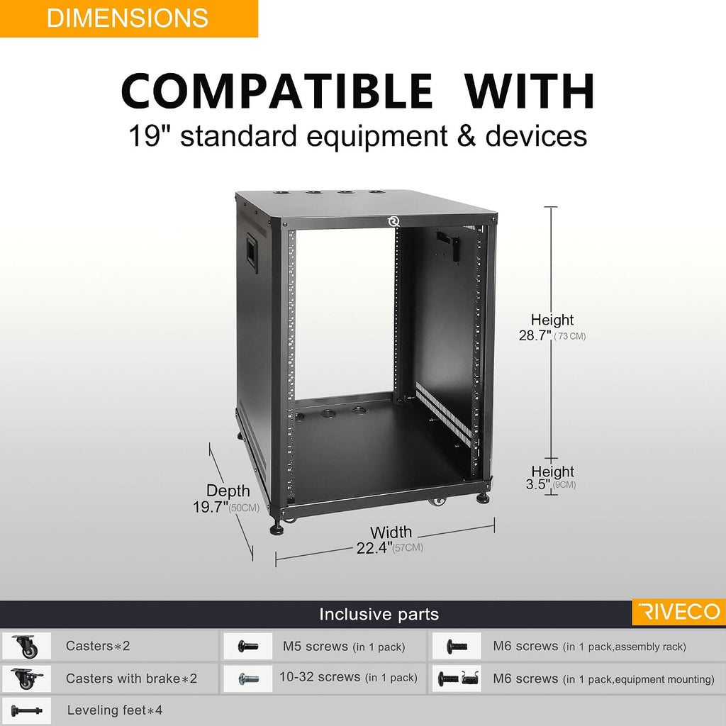 RIVECO 15U Network & Audio Rack with Feet & Wheels, Obtuse Angel Server Rack Cabinet, Rolling Studio Rack Case with Adjustable Depth Rails for 19' Stereo Recording & IT Equipment Mounting 1PCS