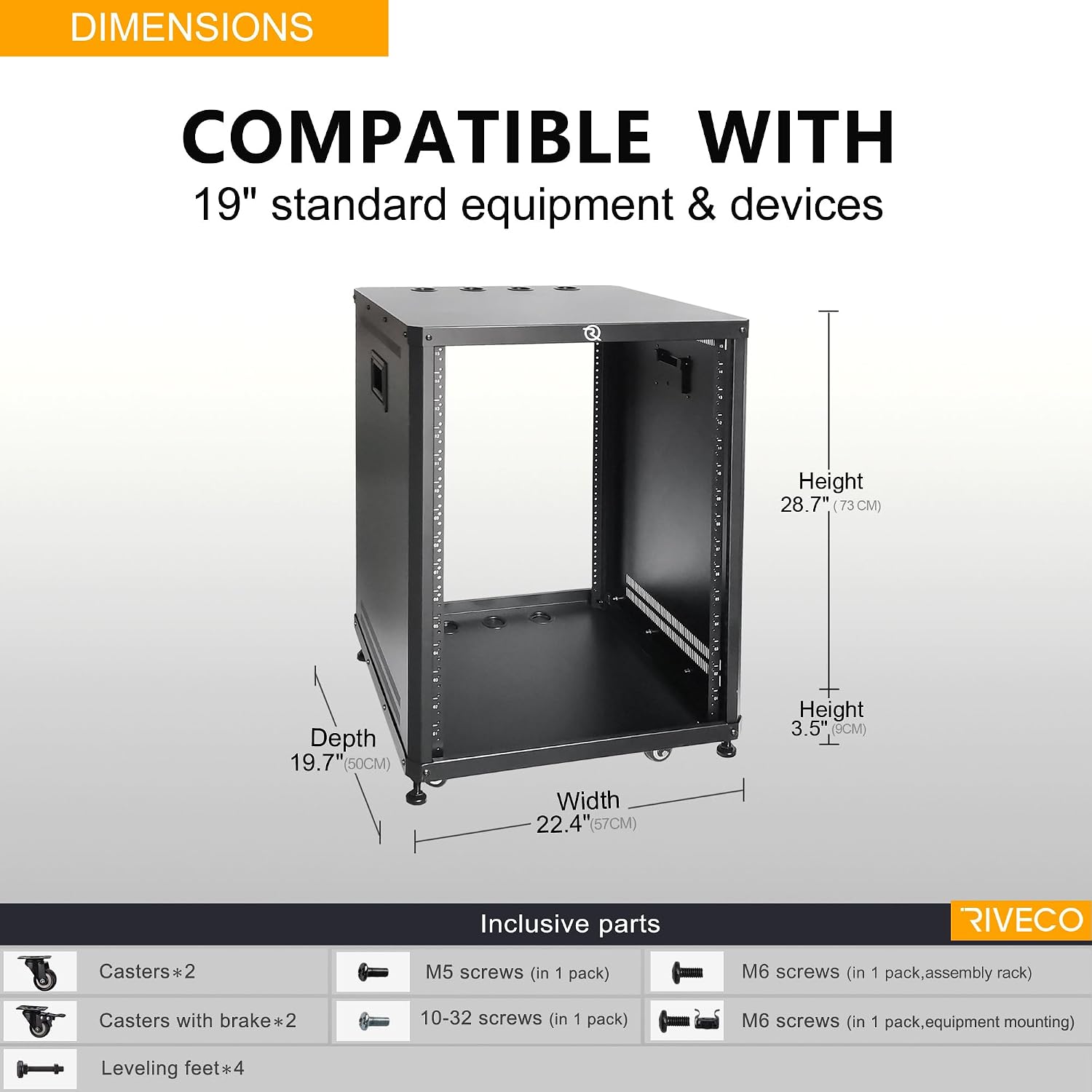 RIVECO 15U Network & Audio Rack with Feet & Wheels, Obtuse Angel Server Rack Cabinet, Rolling Studio Rack Case with Adjustable Depth Rails for 19' Stereo Recording & IT Equipment Mounting 1PCS