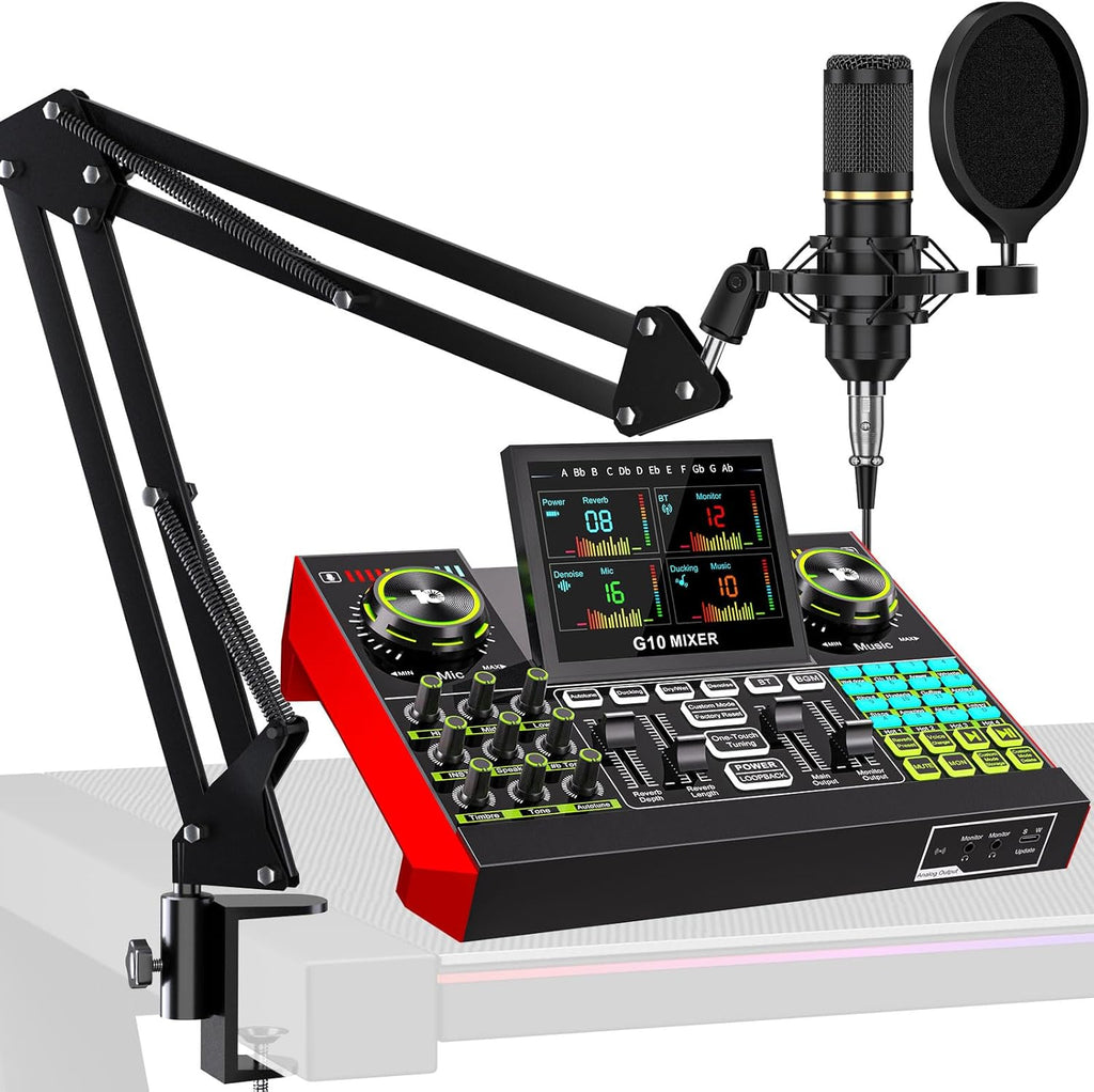 Podcast Microphone Bundle with Live Sound Card Audio Mixer, Podcast Equipment Bundle with 3.5mm Boom Mic for Pc/Phone Live Streaming Singing Gaming, Sound Board with Voice Changer, Denoise
