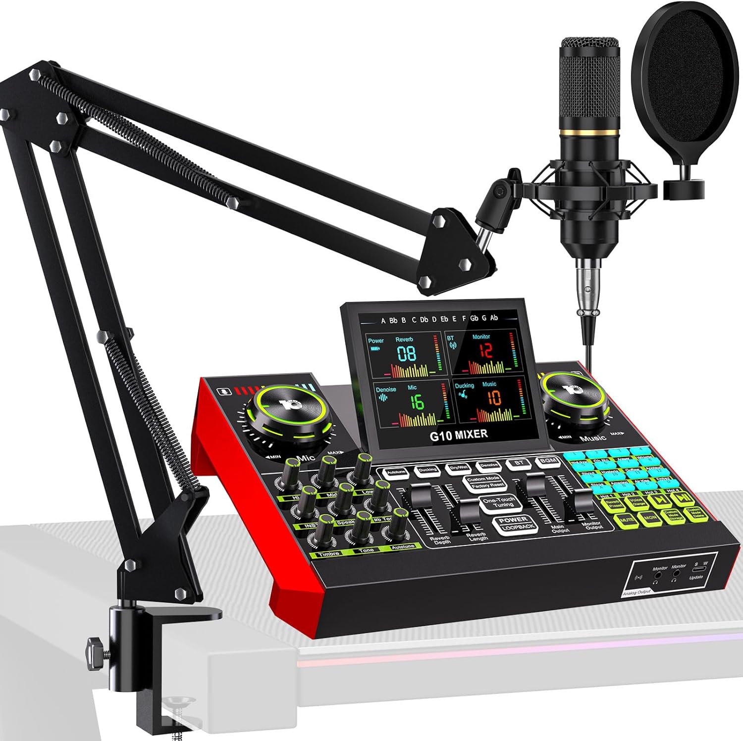 Podcast Microphone Bundle with Live Sound Card Audio Mixer, Podcast Equipment Bundle with 3.5mm Boom Mic for Pc/Phone Live Streaming Singing Gaming, Sound Board with Voice Changer, Denoise