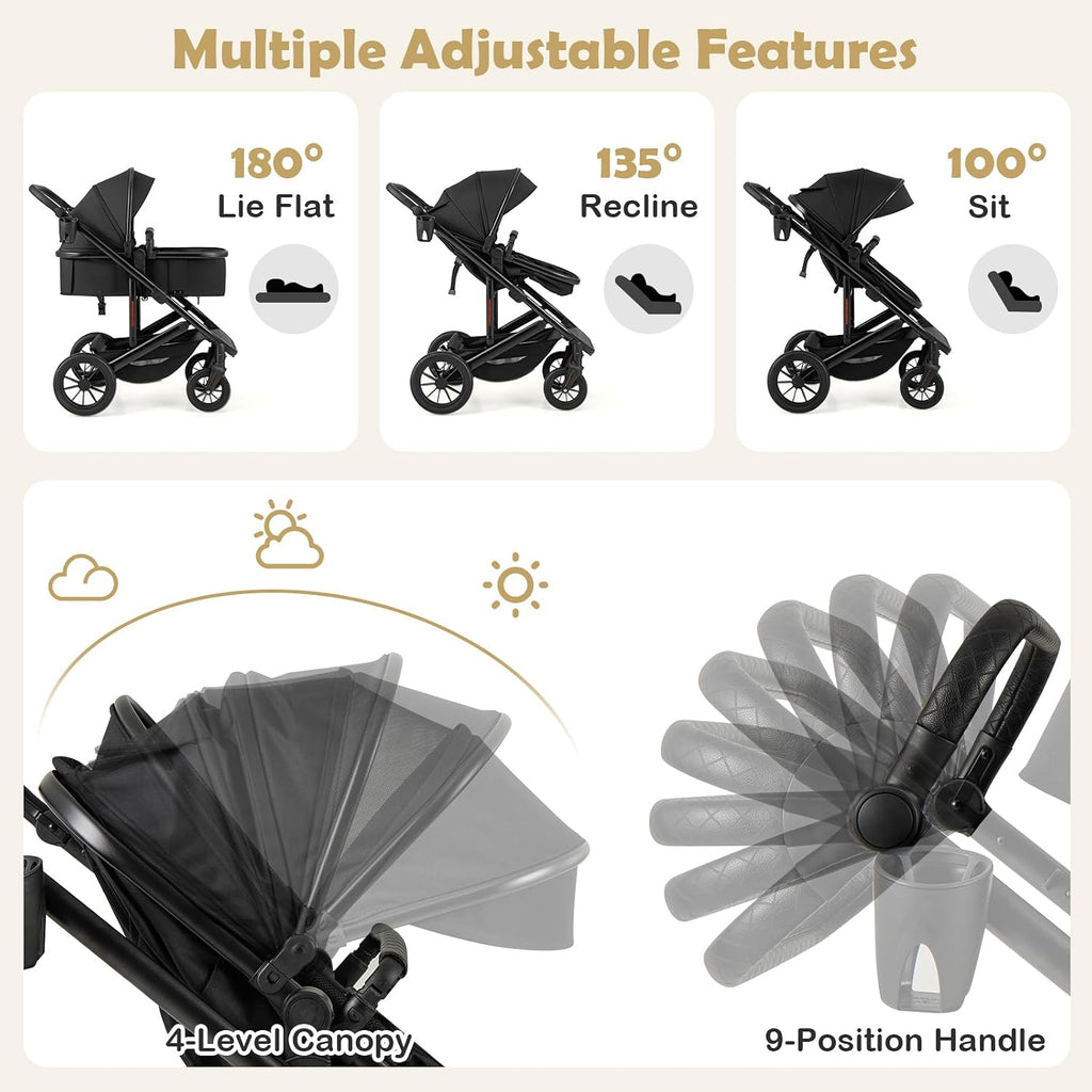 BABY JOY 2 in 1 Convertible Baby Stroller, High Landscape with Bassinet Mode, Reversible Seat, Adjustable Canopy, Cup Holder, Diaper Bag, Foldable Infant Newborn Pram Stroller for 0-36 Months (Black)