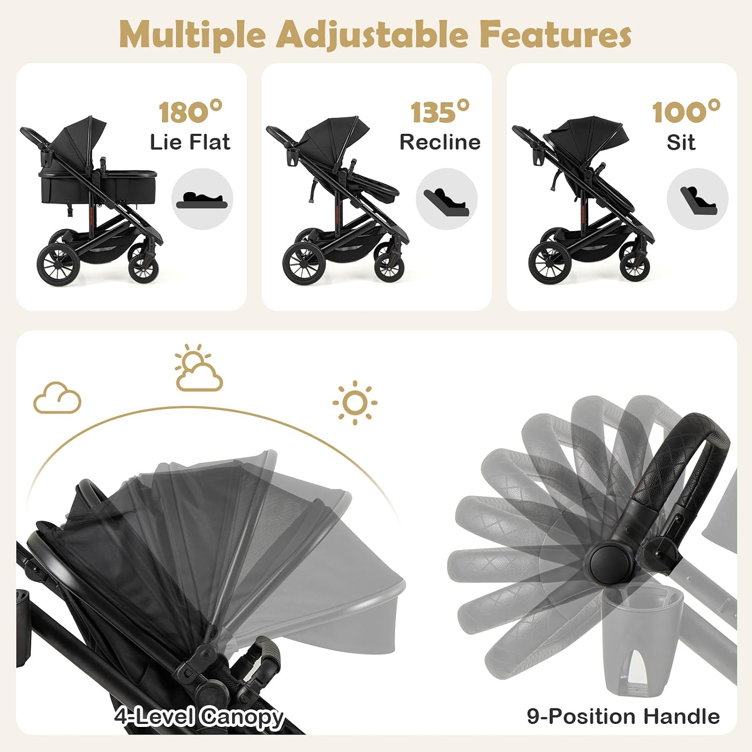 BABY JOY 2 in 1 Convertible Baby Stroller, High Landscape with Bassinet Mode, Reversible Seat, Adjustable Canopy, Cup Holder, Diaper Bag, Foldable Infant Newborn Pram Stroller for 0-36 Months (Black)