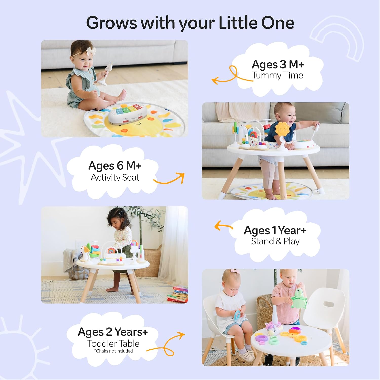 Move2Play 4-in-1 Baby Activity Center | Montessori-Inspired Design | 8 Interactive Toys | Tummy Time, Exersaucer & Toddler Table | Shower Gift | Essential | Must Have for 3, 6, 12 Month Old (Sun)