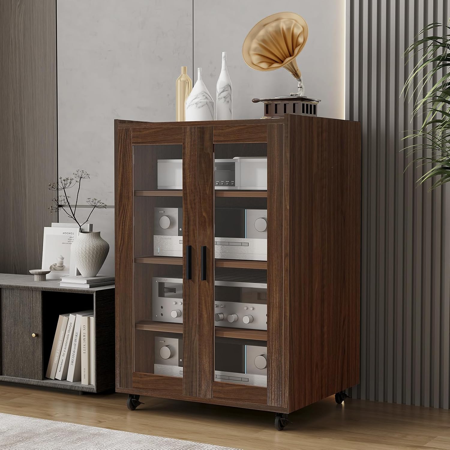 ELECWISH Media Storage Cabinet, Audio-Video Media Stand,Stereo Cabinet with 4 Height-Adjustable Shelves, AV Rack with Glass Doors for Meeting, Living, Recording Room, Brown