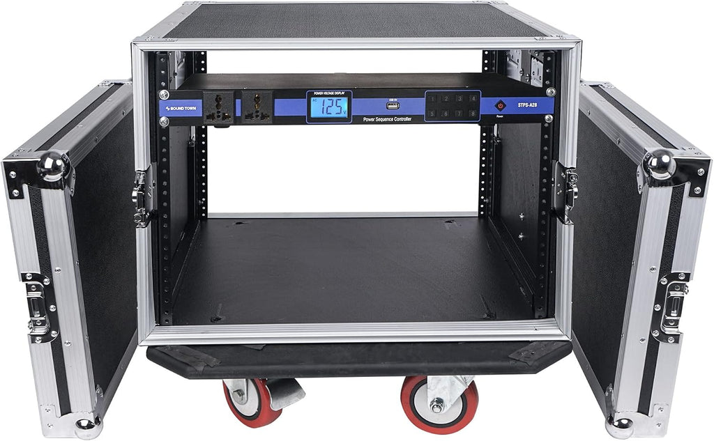Sound Town PA DJ Combo with 8U Rack/Road ATA Case w/Casters, One 10 Outlet AC Power Conditioner/Sequencer (STRC-8PSA28)