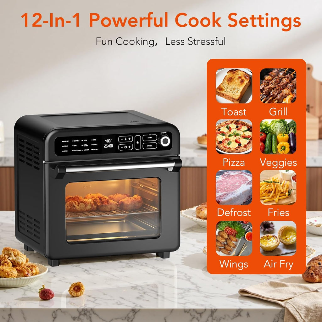 WAA Air Fryer Toaster Oven, 19 QT Air Fryer Toaster Oven Combo, 12-in-1 Digital Countertop Natural Convection Roast Bake Dehydrate and Reheat 1400W Stainless Steel, Black