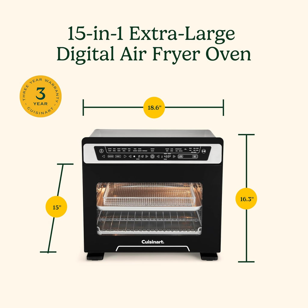 Cuisinart 15-in-1 Extra-Large Digital Air Fryer Oven with 9'x13' 2-in-1 Pan, Air Fry 4 Lbs of Wings, Cook a 13 Lb Turkey or 5+ Lb Chicken, Toast 9 Slices of Bread, and Bake a 13' Pizza, TOA-112