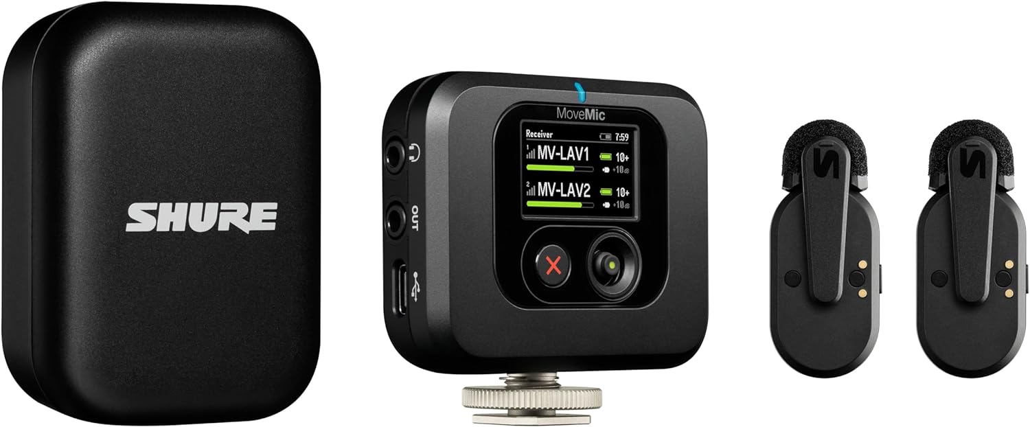 Shure MoveMic Two Kit, Pro Wireless Lavalier Microphones with Camera Receiver for DSLR, iPhone, Android, Mac, PC, 24-Hour Charge (MV-Two-KIT-Z7)
