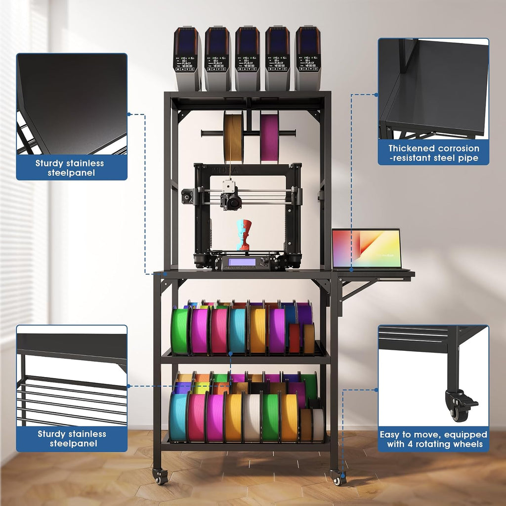 3D Printer Stand, Heavy Duty 3D Printer Table Stand with Filament Storage Rack, T-Shaped Spools Holder Rack with Wheels, 3D Printer Workbench for 3D Printing Studio, Home Office Workshop