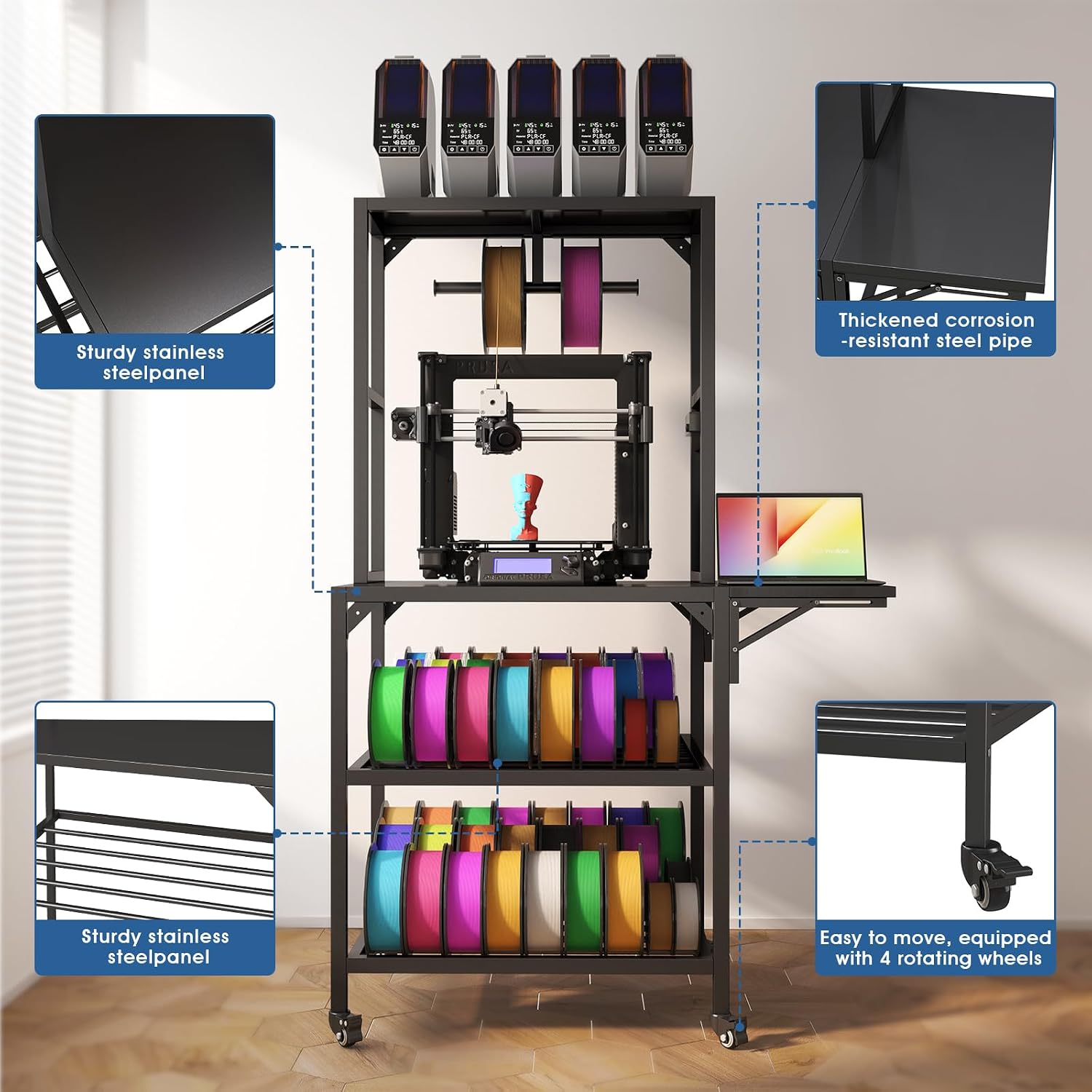 3D Printer Stand, Heavy Duty 3D Printer Table Stand with Filament Storage Rack, T-Shaped Spools Holder Rack with Wheels, 3D Printer Workbench for 3D Printing Studio, Home Office Workshop