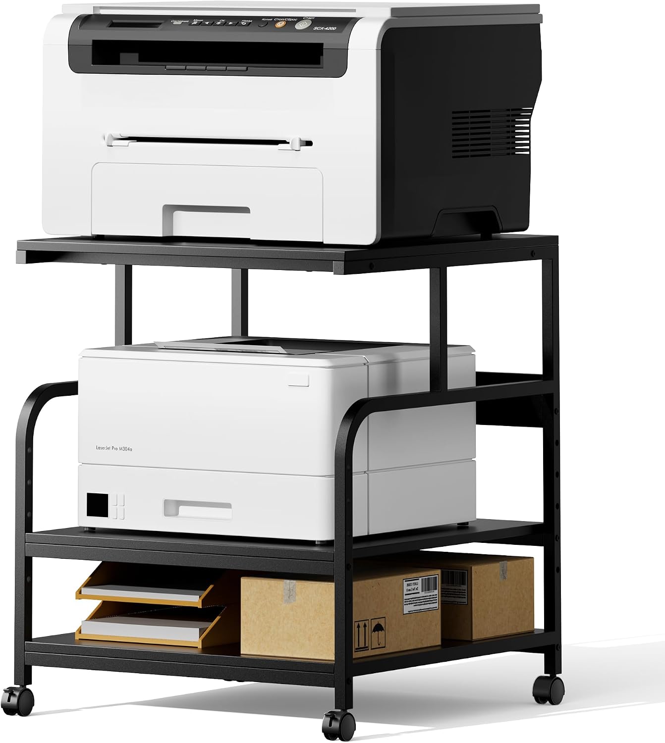 Warmiehomy Printer Stand, 24''×24''×29'' Large Printer Table for Home Office with Locking Casters, Sturdy 3-Tier Rolling Cart with Adjustable Shelf, Mini Fridge Stand, Home Office Essentials, Black