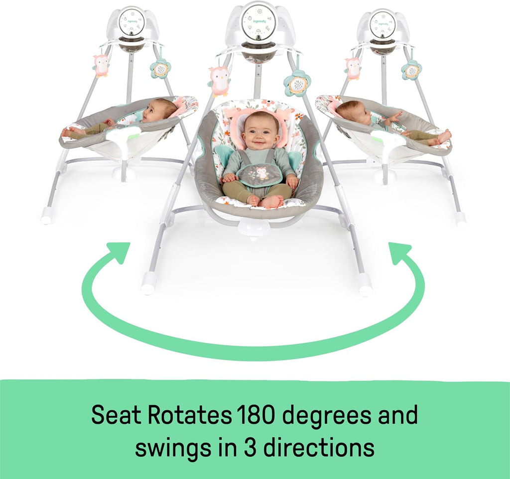 Ingenuity InLighten 5-Speed Baby Swing - Swivel Infant Seat, 5 Point Safety Harness, Nature Sounds, Lights - Nally Owl