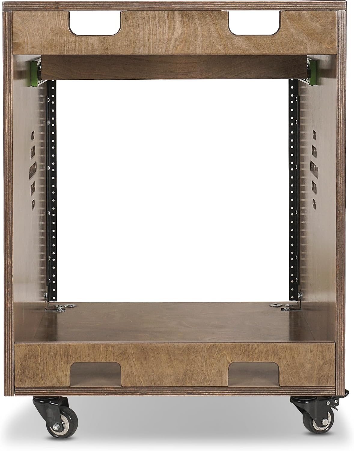 Sound Town 10U Solid Baltic Birch Plywood Studio Rack Desk with Slide-Out Tray, Rubber Feet, Casters, for Recording, Podcasts, Broadcasts, Streaming, Weathered Brown (SDRK-ST10B)