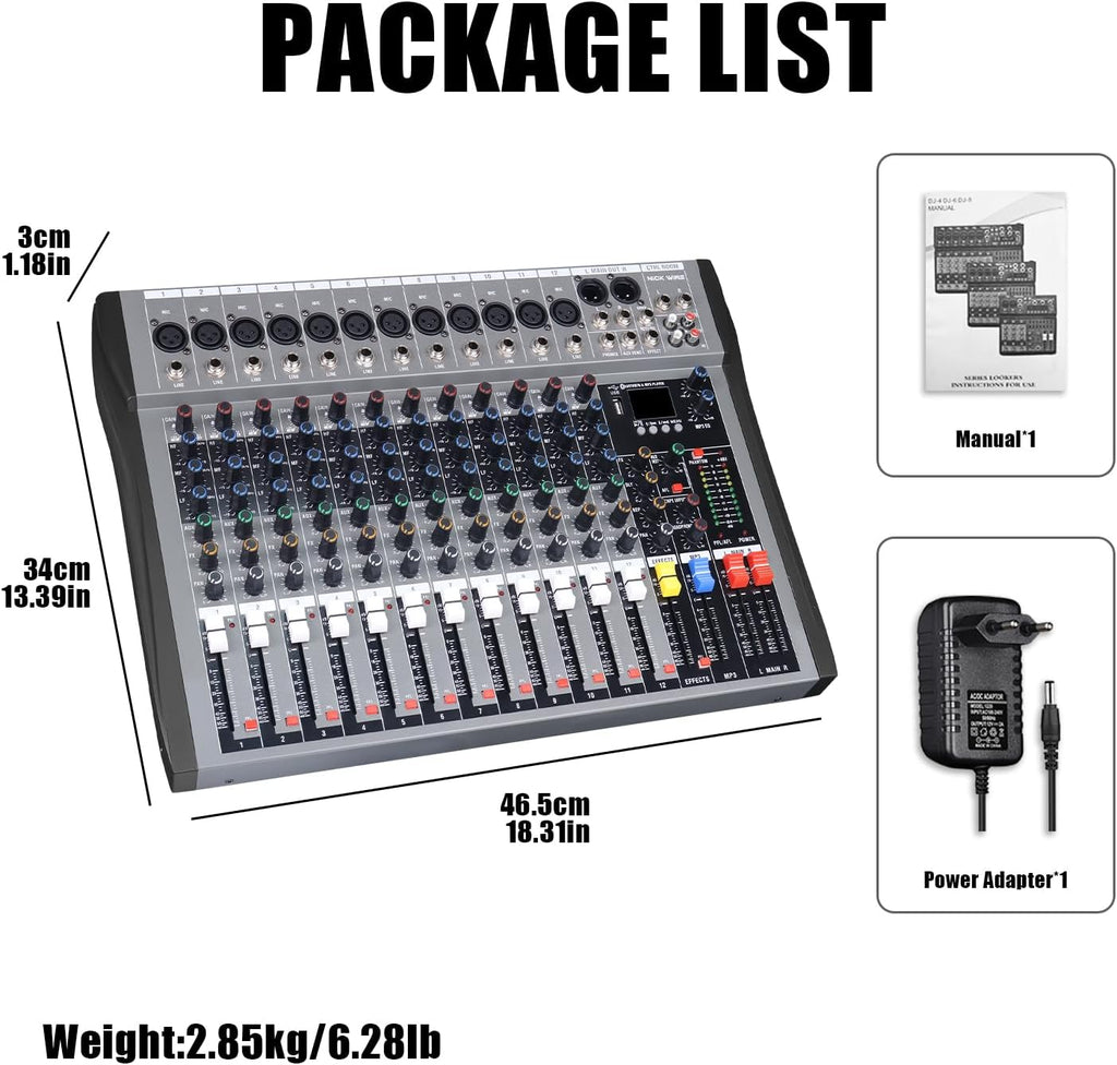 12 Channel mixer professional Audio Mixer, dj mixer with Individual Channel Control and USB Audio Recording & Editing via Computer, All-Metal mezcladora para dj (12 Channel)