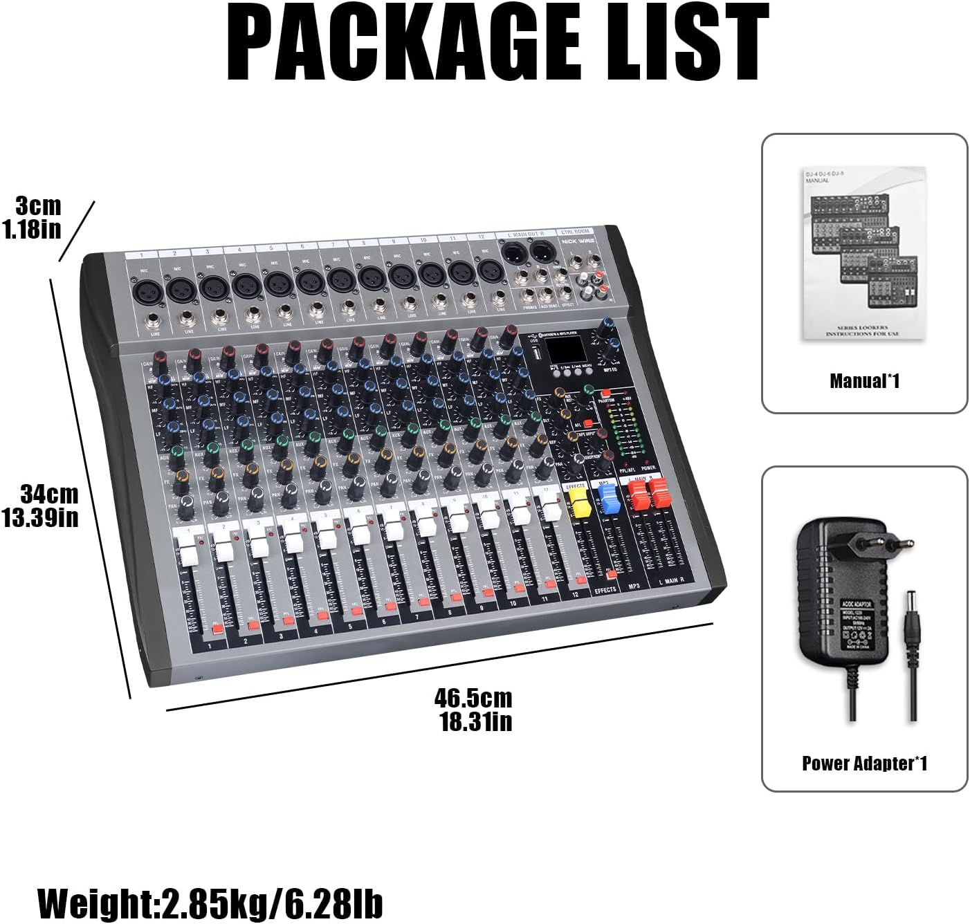 12 Channel mixer professional Audio Mixer, dj mixer with Individual Channel Control and USB Audio Recording & Editing via Computer, All-Metal mezcladora para dj (12 Channel)