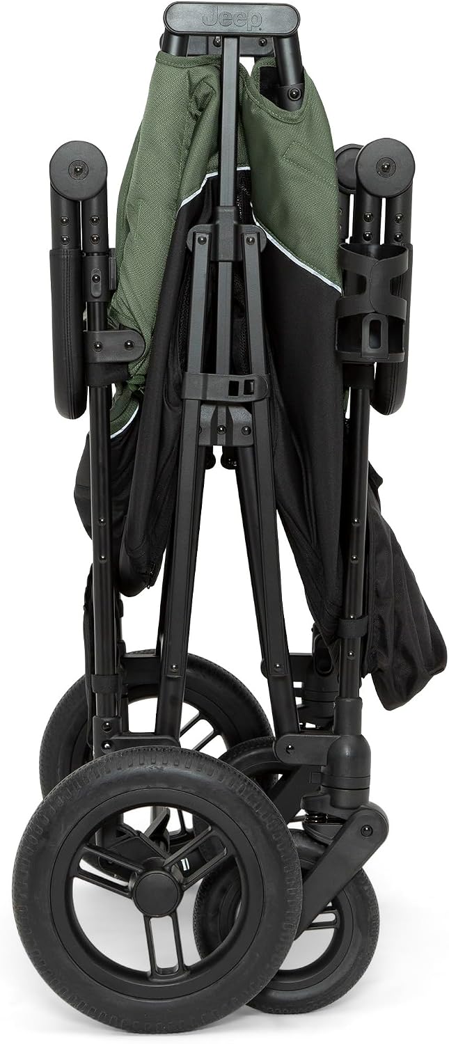 Delta Children - Jeep Wrangler Deluxe 4 Seater Stroller Wagon - Premium Quad Stroller Wagon for 4 Kids with Convertible Seats, Adjustable Push/Pull Handles, Removable Canopy & Flat Fold, Black/Green