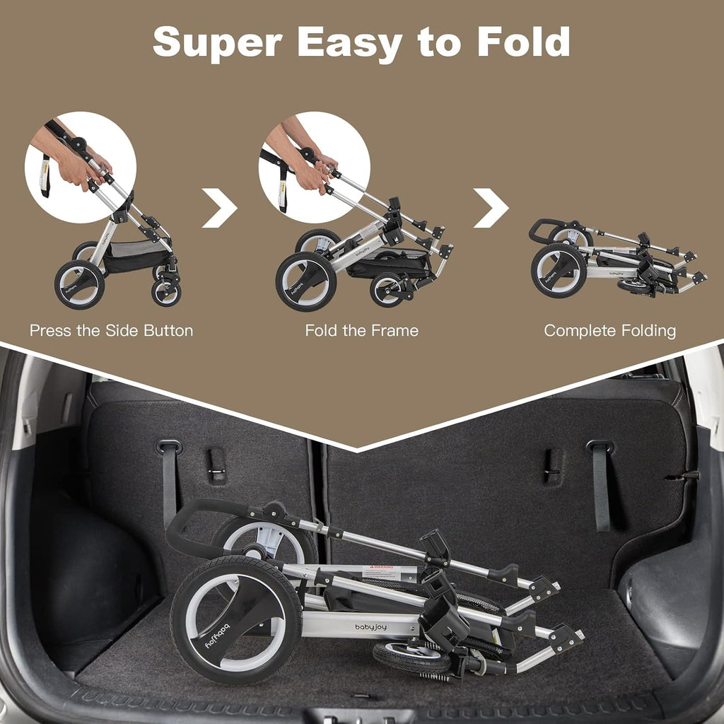BABY JOY Baby Stroller, 2-in-1 Convertible Bassinet Reclining Stroller, Foldable Pram Carriage with 5-Point Harness, Including Cup Holder, Foot Cover, Diaper Bag, Aluminum Structure, Khaki
