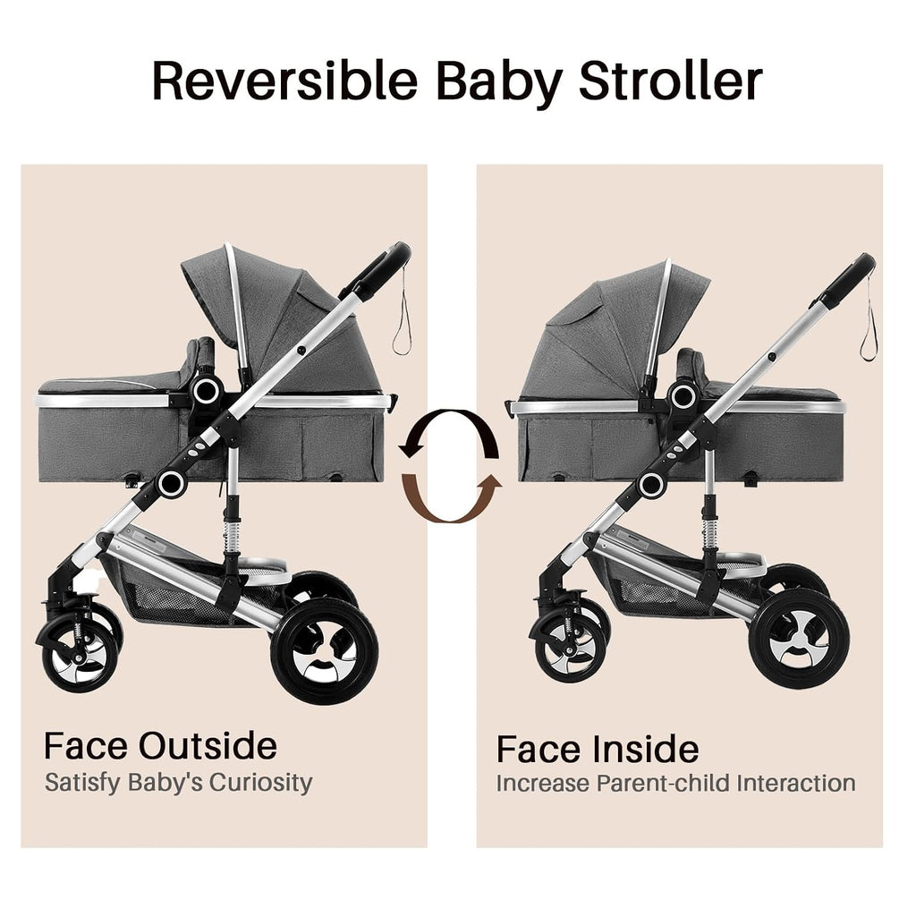 2 in 1 Baby Stroller, Convertible Pushchair Stroller w/Reversible Seat, Foldable Newborn Pram Carriage, Adjustable Canopy, Storage Basket, Diaper Bag & Cup Holder, 0-36 Months (Dark Gray)