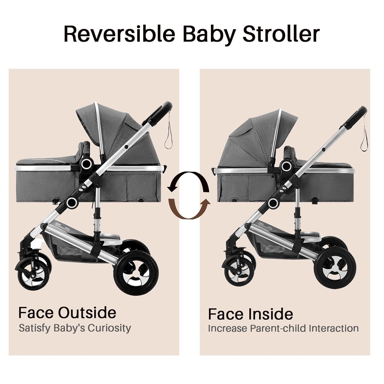 2 in 1 Baby Stroller, Convertible Pushchair Stroller w/Reversible Seat, Foldable Newborn Pram Carriage, Adjustable Canopy, Storage Basket, Diaper Bag & Cup Holder, 0-36 Months (Dark Gray)