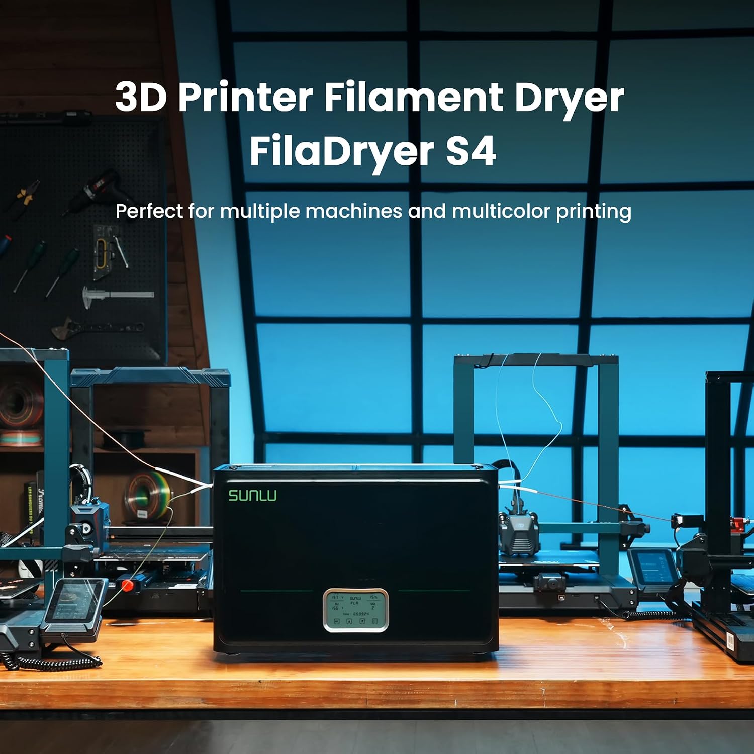 SUNLU Official 3D Printer Filament Dryer S4, 4 Spools Capacity, Upgraded 3 Circulation Fans, 350W PTC Heater, 70℃ Max Temperature, Intelligent Humidity Control, Nylon TPU PLA PETG ABS Filament, Black