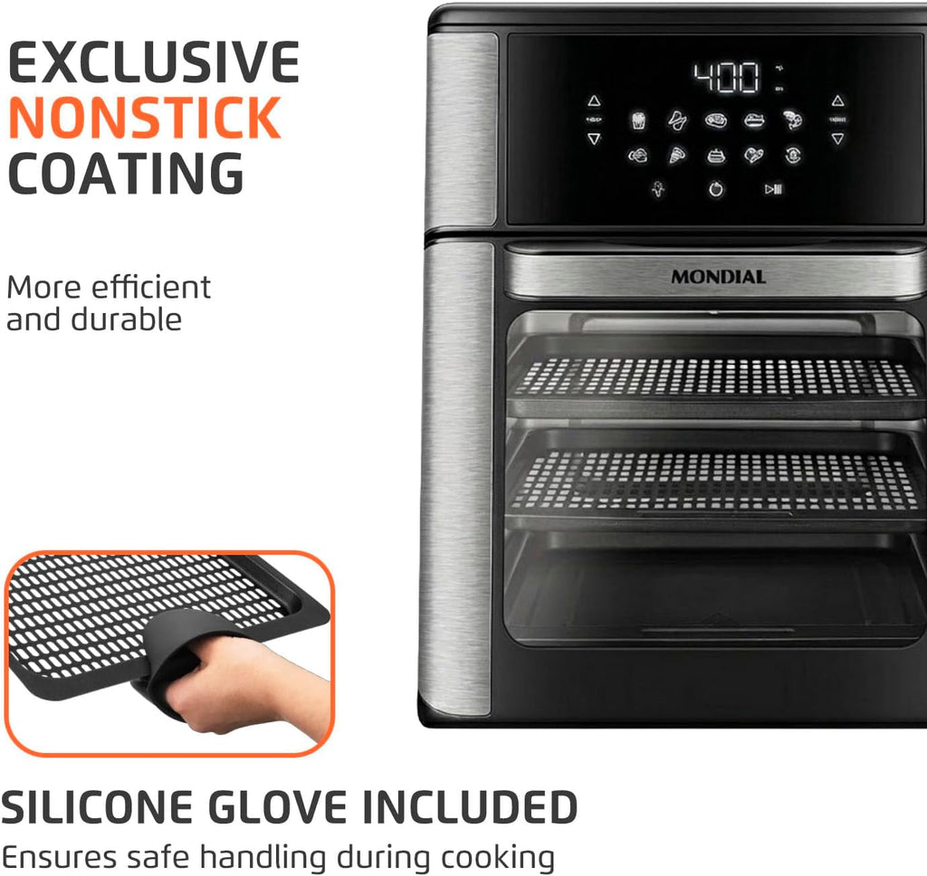 Air Fryer Oven 1800W, 12.7QT Capacity, Touchscreen Panel, Automatic Shut-Off, Toaster + Airfryer – Black & Stainless Steel – Mondial