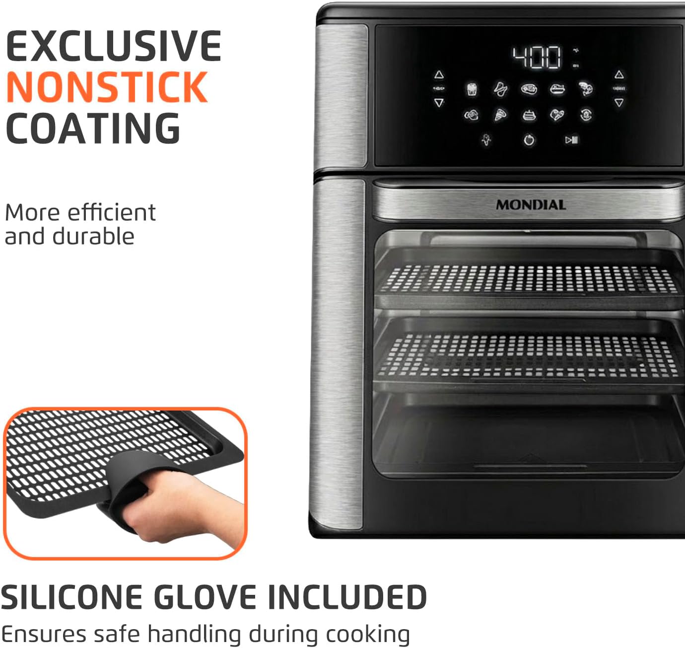 Air Fryer Oven 1800W, 12.7QT Capacity, Touchscreen Panel, Automatic Shut-Off, Toaster + Airfryer – Black & Stainless Steel – Mondial