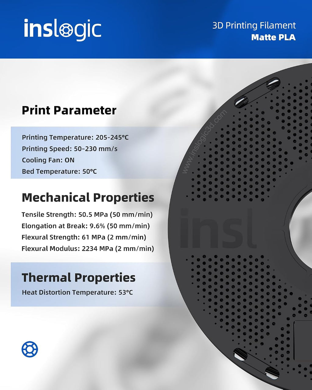 Inslogic Matte PLA Filament 1.75mm 3D Printer Filament, Fine Matte Texture & High Precision, 2.2lbs x 10 Spools Fit Most FDM 3D Printers, 10 Colors, 10kg Total, 10×1kg