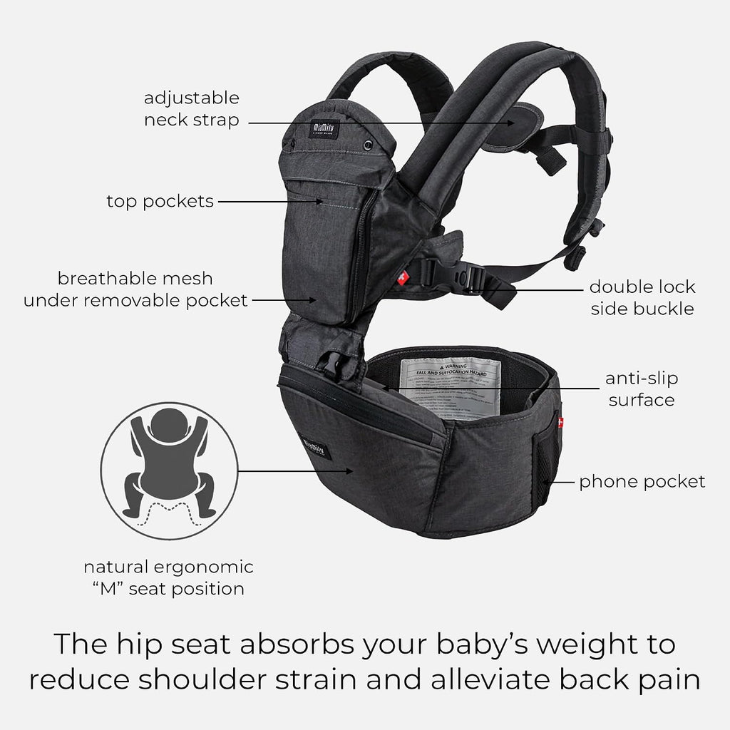 MiaMily Ergonomic Hip Seat Baby Carrier, 6 Carry Positions, Newborn to Toddler, Lumbar Support, Adjustable Waist Belt, Hipster Plus, Charcoal Grey