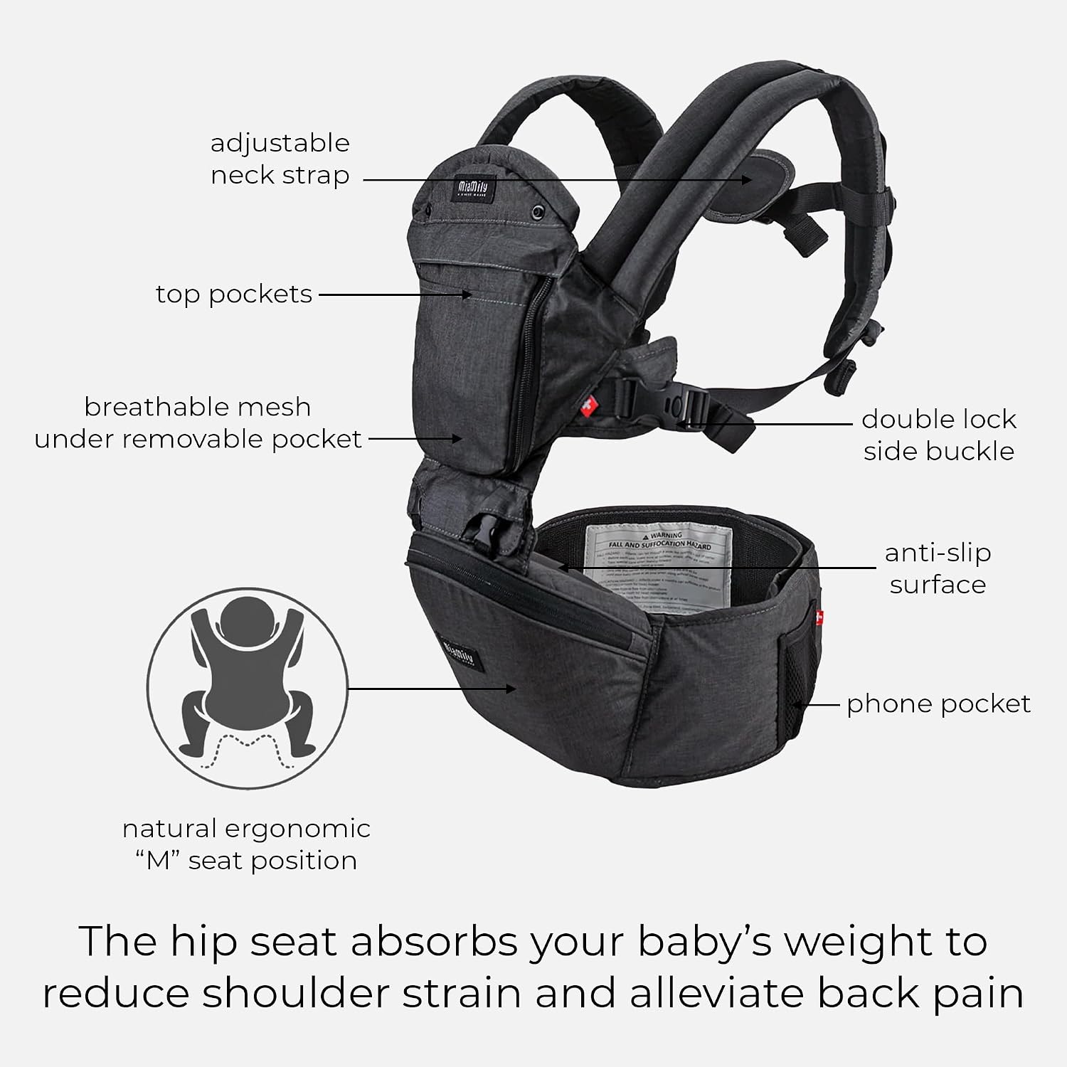 MiaMily Ergonomic Hip Seat Baby Carrier, 6 Carry Positions, Newborn to Toddler, Lumbar Support, Adjustable Waist Belt, Hipster Plus, Charcoal Grey