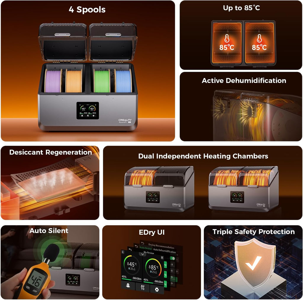 Creality Space Pi X4 Filament Dryer,4 Spools Filament Dryer Box Dual Independent Heating Chambers,360° 200W PTC Fast Heating Filament Dehydrator,Up to 85℃,Compatible with PLA PETG ABS,TPU,PC,PA,PAHT
