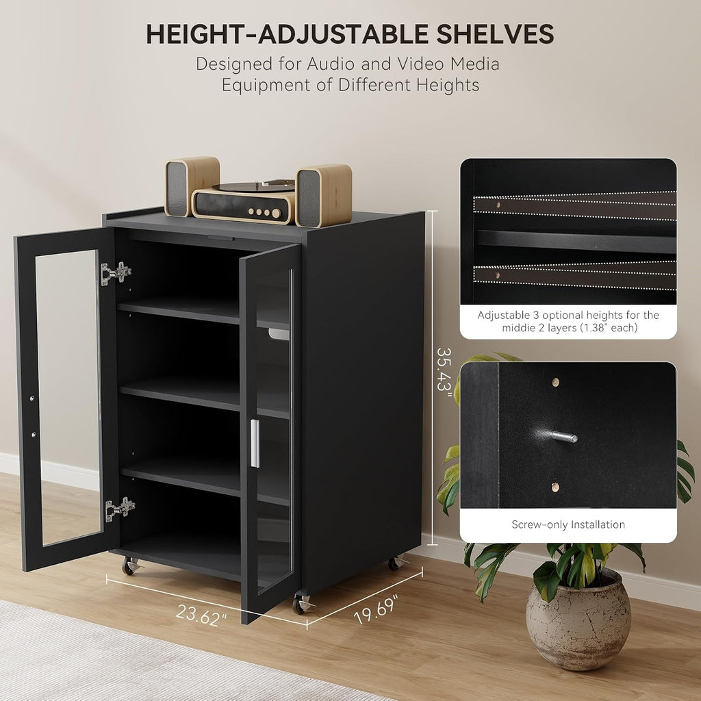 ELECWISH Media Storage Cabinet, Audio-Video Media Stand,Stereo Cabinet with 4 Height-Adjustable Shelves, AV Rack with Glass Doors for Meeting, Living, Recording Room