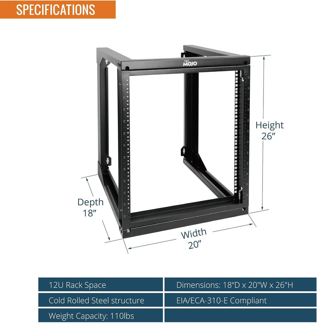 Tecmojo 12U Wall Mount Server Rack, Open Frame Network Rack for 19' Computer/AV/Data/IT/Media Equipment, 18' Depth, 16' Apart Mounting Holes, Swing Gate, Square and Tapped Holes