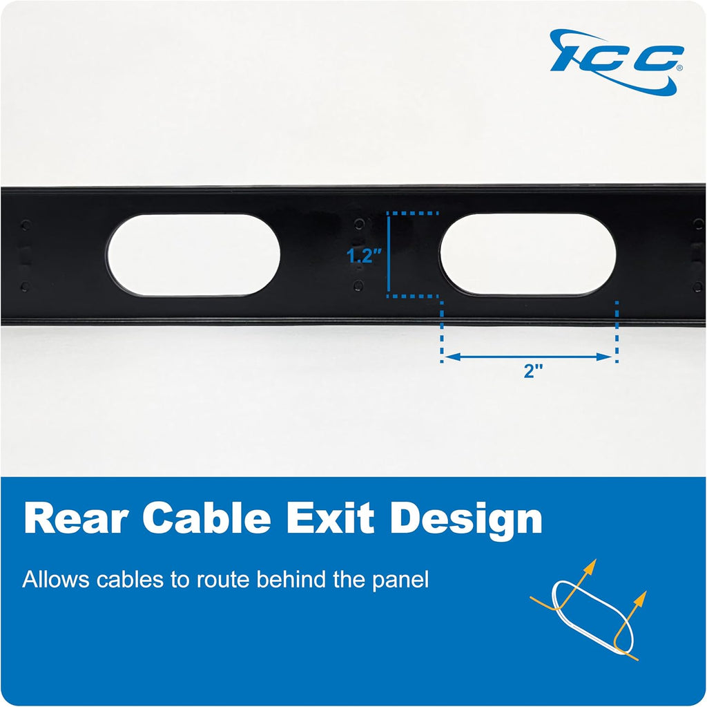 ICC 1U Ring Cable Manager Panel with Cover, Metal, 3' Cable Distribution D Rings, Horizontal Cable Management, Rackmount for 19' Network Racks, Black, 6-Pack