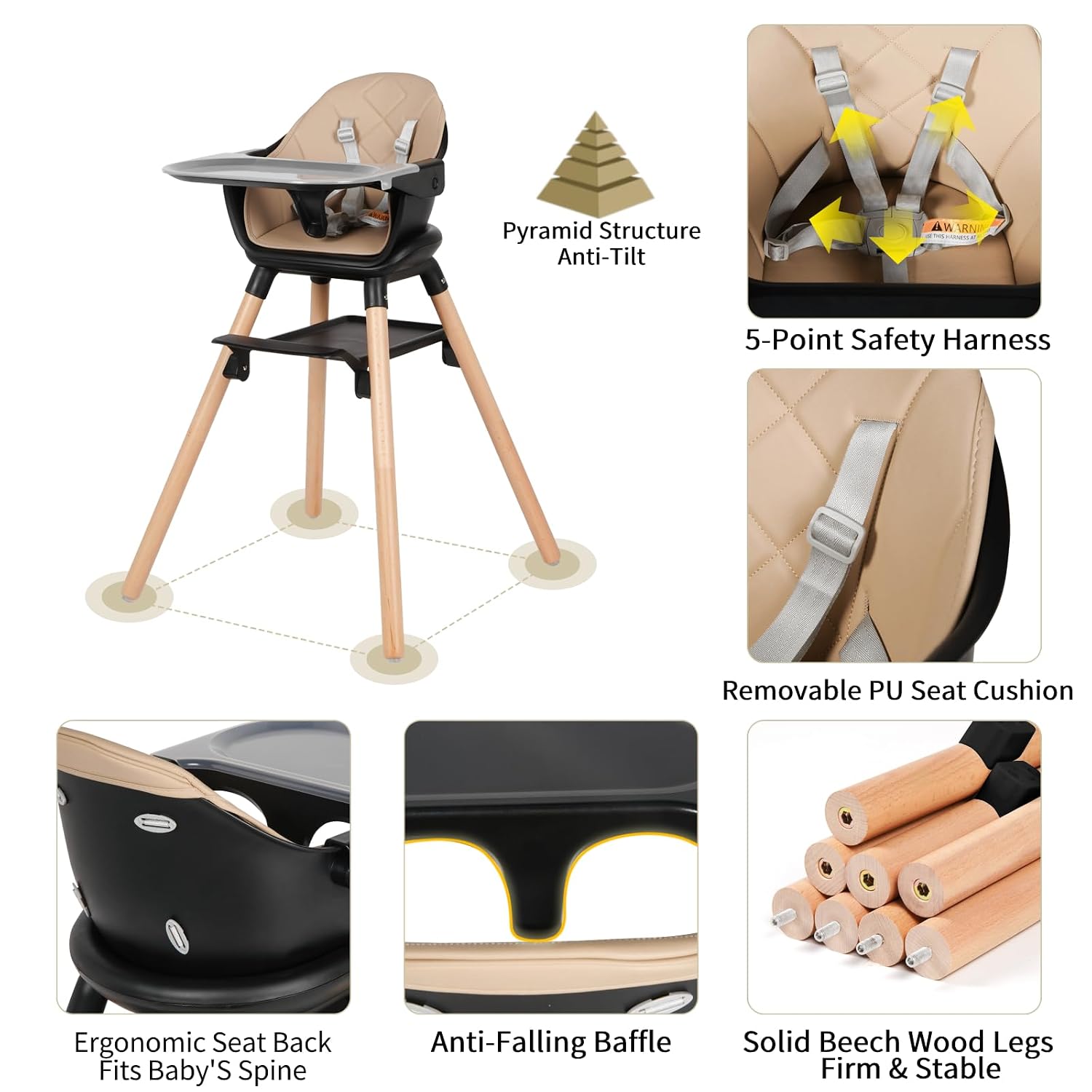 6 in 1 Baby High Chair, Convertible Wooden High Chairs/Booster Seat for Babies and Toddlers, Baby Feeding Chair with 5-Point Harness/Double Removable Tray & Adjustable Footrest (Black)