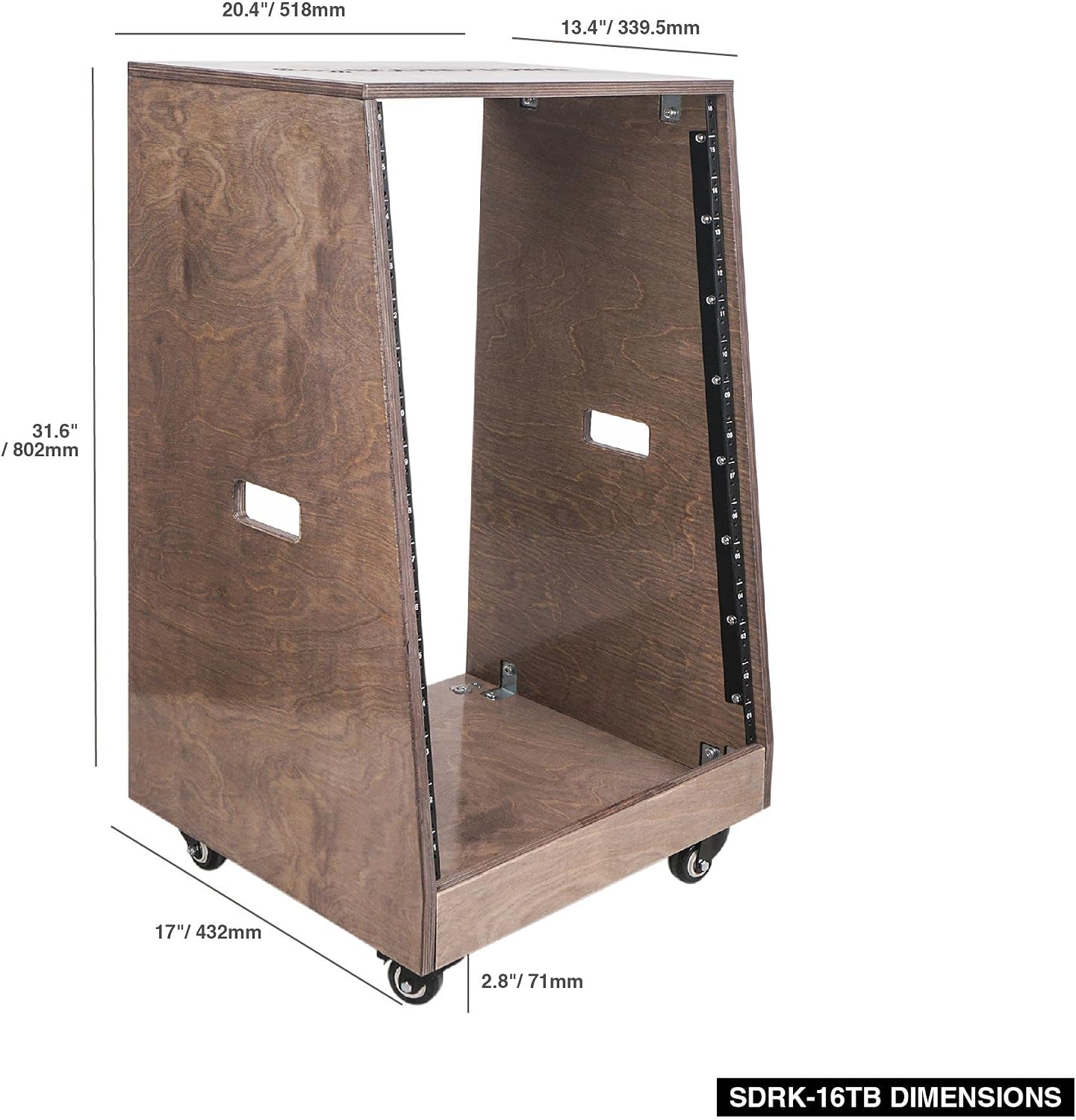 Sound Town DIY Solid Baltic Birch Plywood Slanted 16U Studio Rack, Weathered Brown, Rubber Feet, Casters (SDRK-16TB)