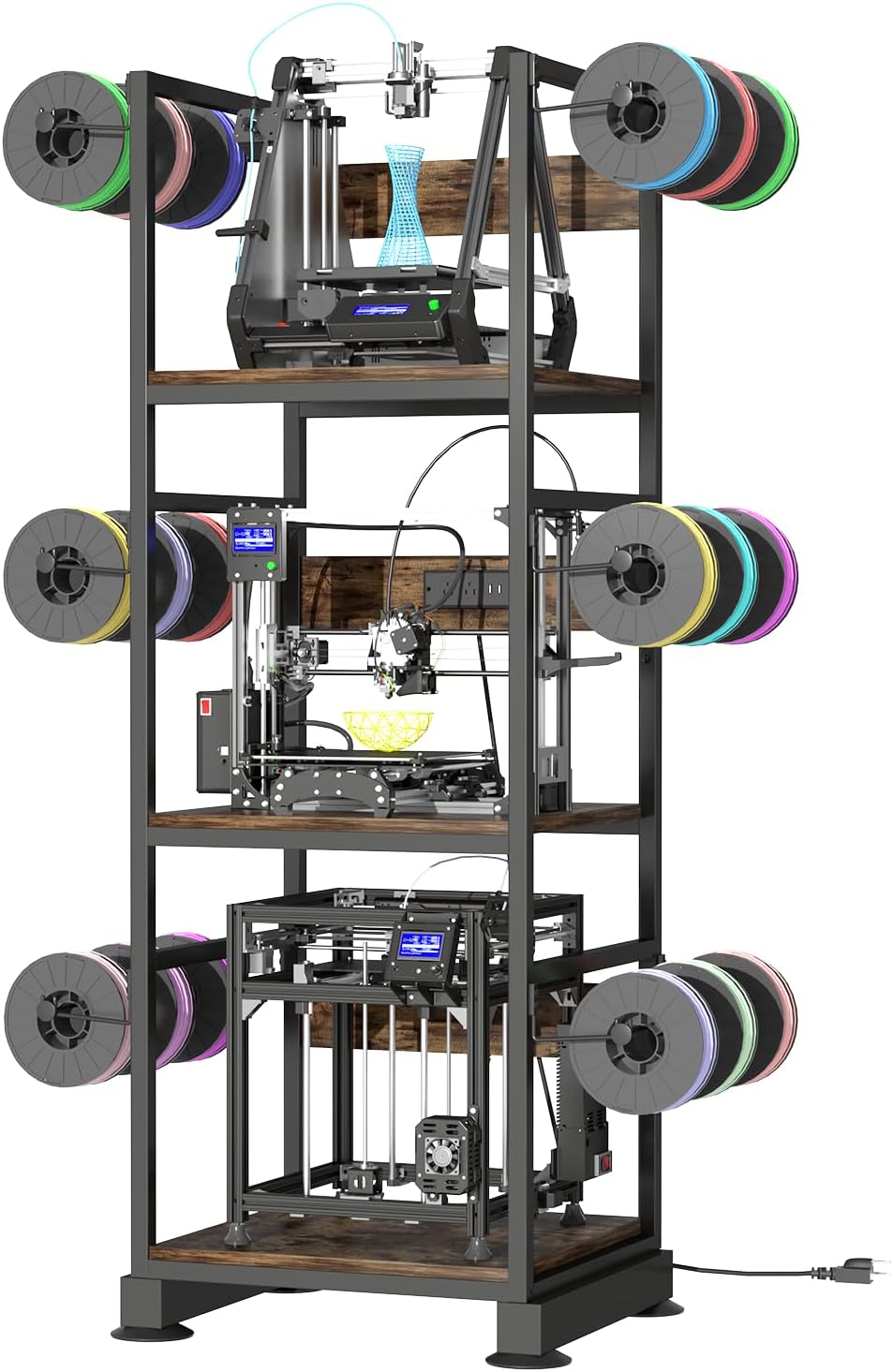 3D Printer Stand with Filament Storage,3D Printer Rack with Power Outlet,Heavy-Duty 3D Printer Storage Shelf for ABS/PLA/TPU Filament Spools,Perfect for 3D Printing Workshops, Retro Brown